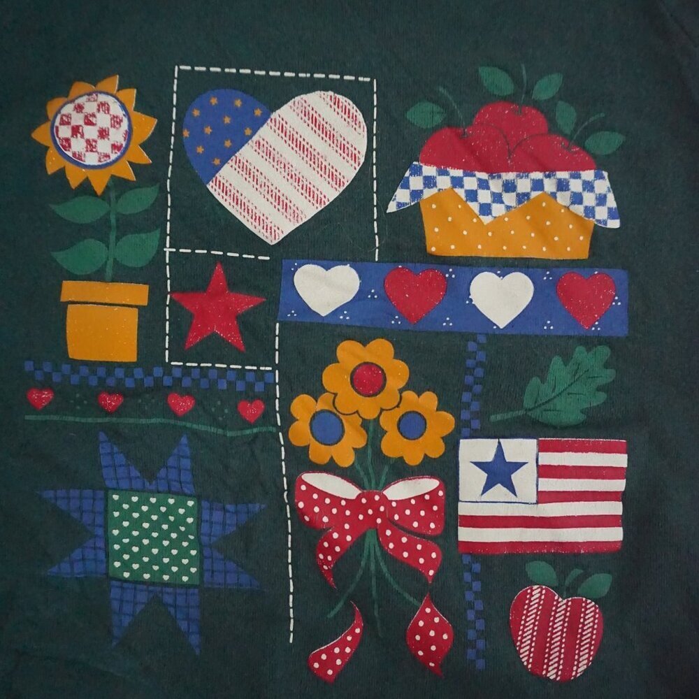 Vintage Gopher Sport Green Patchwork Quilt Square Heart Floral Folk Sweater 2X - Picture 7 of 10
